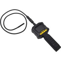 Stanley Intelli Tools Inspection Camera with black handle, flexible cable, and yellow buttons on a square screen.