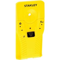 Yellow Stanley S110 sensor with black buttons, LED indicators, and AC detection symbols.