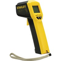 Yellow and black Stanley digital infrared thermometer with LCD screen and wrist strap.