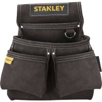 Stanley leather double nail pocket pouch, dark brown with yellow logo, multiple compartments, and reinforced stitching.