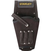 Stanley Leather Drill Holster, dark brown leather with white stitching, belt loop, and multiple tool pockets.