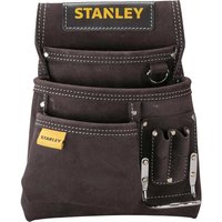 Brown Stanley leather nail and hammer pouch with multiple pockets and yellow logo.