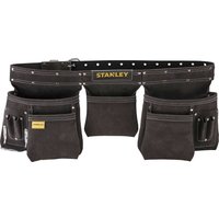 Black Stanley leather pouch tool apron with multiple pockets and riveted belt.