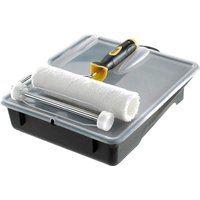 Stanley Microfibre Paint Roller Set with black tray, white roller, and yellow-handled frame.