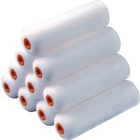White Stanley Mini Foam Gloss Paint Roller Sleeves with orange cores, stacked in a pyramid formation.