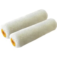 Stanley Mini Mohair Gloss Paint Roller Sleeve, white cylindrical roller with yellow plastic ends, set of two.