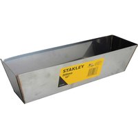 Stainless steel Stanley mud pan with yellow label, rectangular shape, and tapered sides.