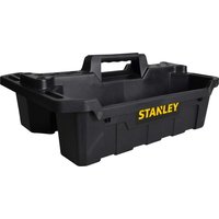 Black Stanley plastic tool tote tray with central handle and yellow logo.