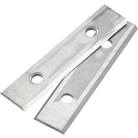 "Two silver Stanley replacement carbide scraper blades with beveled edges and central mounting holes"