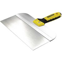 Stanley stainless steel taping tool with yellow and black ergonomic handle, wide flat blade for drywall finishing.