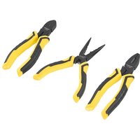 Yellow and black Stanley Controlgrip pliers set, includes needle-nose, diagonal, and slip-joint pliers.