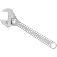 Silver Stanley metal adjustable wrench, 200mm, with measurement scale and hole in handle for hanging.