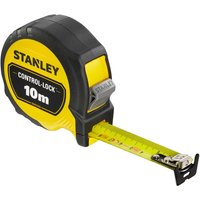 Yellow and black Stanley Control-Lock pocket tape measure, 10m length, 25mm width, with a metal tape blade.