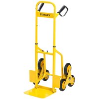 Yellow Stanley STTFT521 hand truck with three-wheel design and black handles for stair climbing.