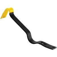 Black Stanley Super Wonder Bar Pry Bar with yellow beveled end and flat, curved design for leverage.