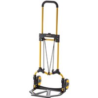 Yellow and black Stanley folding hand truck with telescopic handle and two wheels.