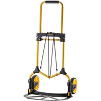 Yellow Stanley folding hand truck with black handle, bungee cord, and two large black and yellow wheels.