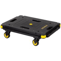 Black Stanley utility flatform dolly with yellow accents, four swivel wheels, and integrated carry handles.