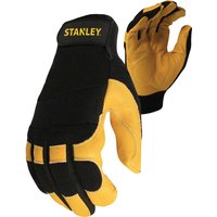 Black and yellow Stanley SY750 Hybrid Performance Gloves with reinforced palms and adjustable wrist straps.