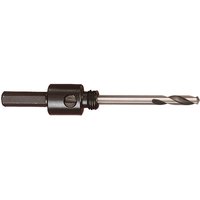 Black Starrett arbor with 9mm shank and 14mm-30mm hole saw compatibility, featuring a silver drill bit tip.
