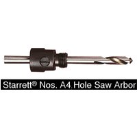 Starrett A4 Arbor with 6.5mm shank, black body, and silver drill bit for 14mm-30mm hole saws.