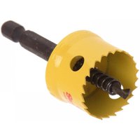 Yellow Starrett holesaw with smooth cutting edge, 16mm diameter, black shank, and central drill bit.