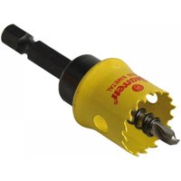 Yellow Starrett holesaw with black shank and jagged cutting edge, labeled "Smooth Cutting Holesaw 19mm".