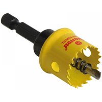 Yellow Starrett holesaw with smooth cutting edge, black shank, and visible drill bit.