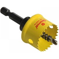 Yellow Starrett holesaw with smooth cutting edge, 27mm diameter, black hex shank, and red logo on the side.