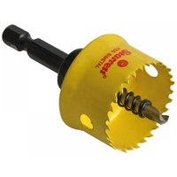 Yellow Starrett holesaw with smooth cutting edge, 30mm diameter, black drill bit and arbor attached.