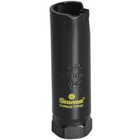 Black Starrett carbide-tipped holesaw, 19mm diameter, with hexagonal base and yellow branding.