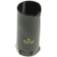 Black Starrett holesaw with carbide tips, cylindrical shape, and yellow logo on the side.