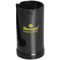Black Starrett carbide-tipped holesaw, cylindrical with side slot and yellow logo, 40mm diameter.