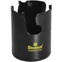 Black Starrett carbide-tipped holesaw with jagged edge and yellow logo, 64mm diameter.