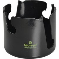 Black Starrett holesaw with carbide teeth, 86mm diameter, featuring green logo and multiple cutting slots.
