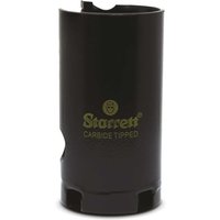 Black Starrett carbide tipped hole saw with logo, cylindrical shape, and sharp teeth edge.