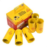 Yellow Starrett FCH Fastcut Bi Metal Holesaw Trade Pack with six saws and red packaging.