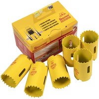 Yellow Starrett bi-metal holesaws with jagged edges, bulk pack of 6, in a red and yellow branded box.