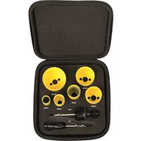 Black case with yellow Starrett hole saws, various sizes, and drill bits neatly arranged inside.