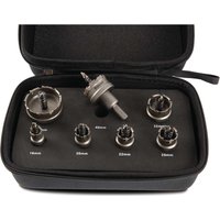 Starrett 7 Piece TCT Stainless Steel Hole Saw Set in black case with labeled slots for each saw size.