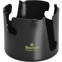 Black Starrett holesaw with carbide tips, 152mm diameter, featuring multiple cutting edges and Starrett logo in green.