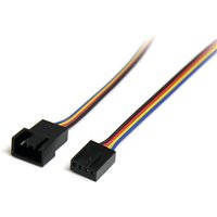 Black 12in 4 Pin Fan Power Extension Cable with male and female connectors, featuring red, yellow, blue, and black wires.
