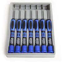 StarTech.com 7 Piece Precision Screwdriver Kit with blue and black handles in a gray tray.