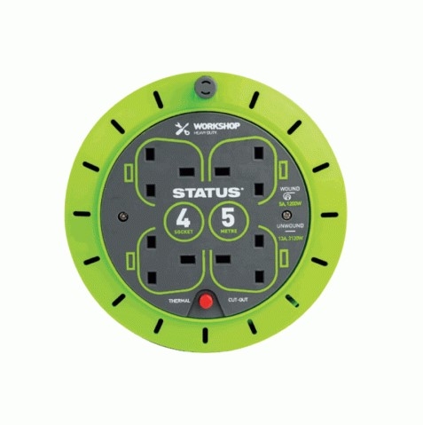 Green and black Status International Cassette Reel featuring 2 sockets, 10 meters of cable, and a thermal cut-out, designed for workshop use.