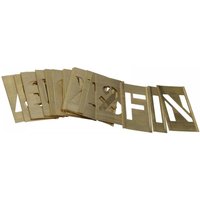 Brass interlocking stencil set with 2-inch letters, featuring cut-out alphabet designs arranged in a row.