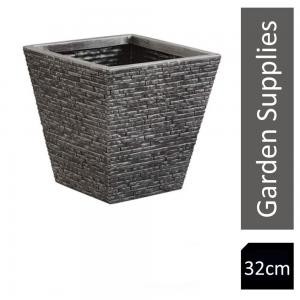Short tapered planter in a slate pewter color, featuring a textured stone-like design, measuring 32cm, ideal for garden use.