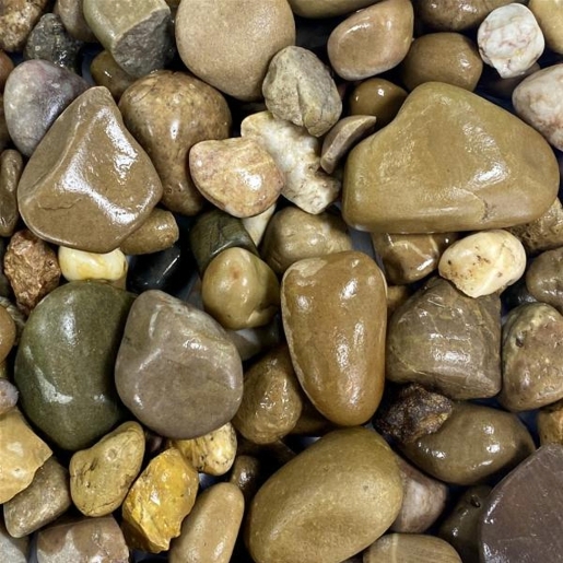 A collection of smooth, polished pebbles in various shades of brown, tan, and green, featuring rounded shapes and a glossy finish, ideal for landscaping or decorative use.