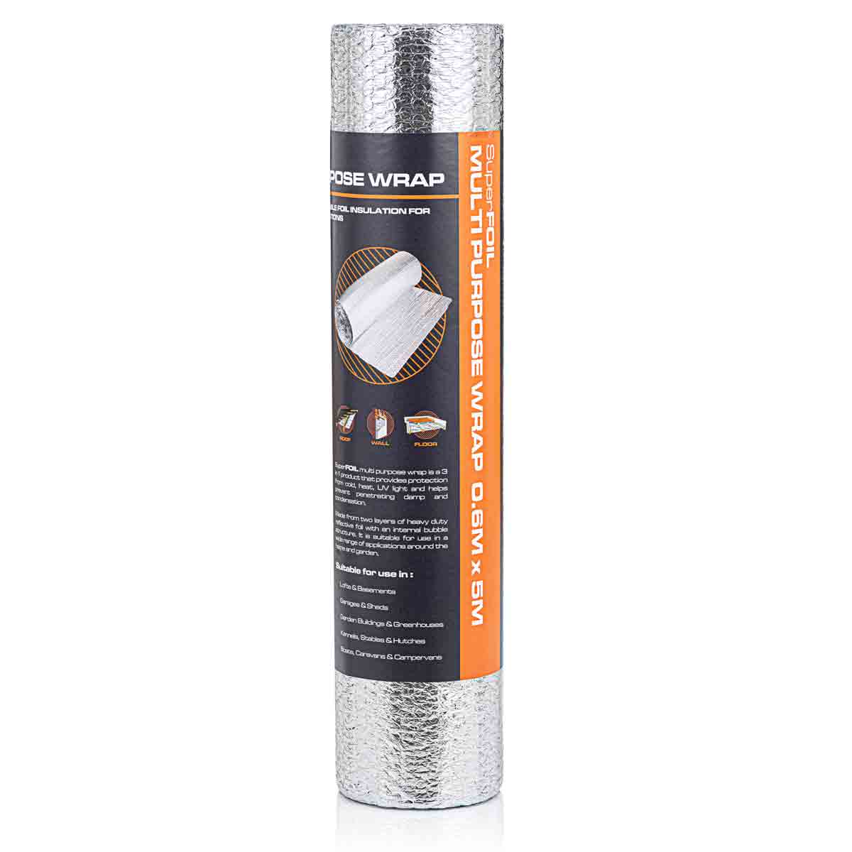 Silver reflective insulation roll with black and orange labeling, measuring 0.6 meters by 5 meters, designed for multipurpose use in various insulation applications.
