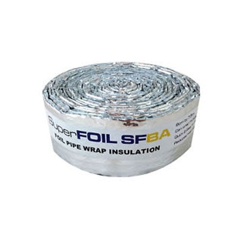 Silver bubble wrap insulation roll labeled "SuperFOIL SFBA," measuring 8cm x 7.5m, showcasing a shiny foil exterior designed for pipe insulation.