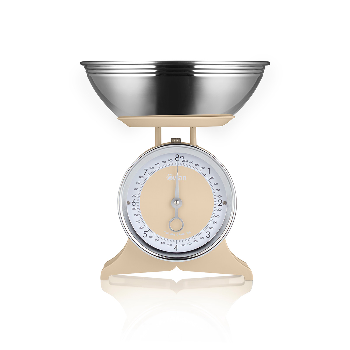 Cream-colored retro kitchen scale with a stainless steel bowl, a large round dial with black markings, and a sturdy base, featuring the Swan logo prominently displayed.